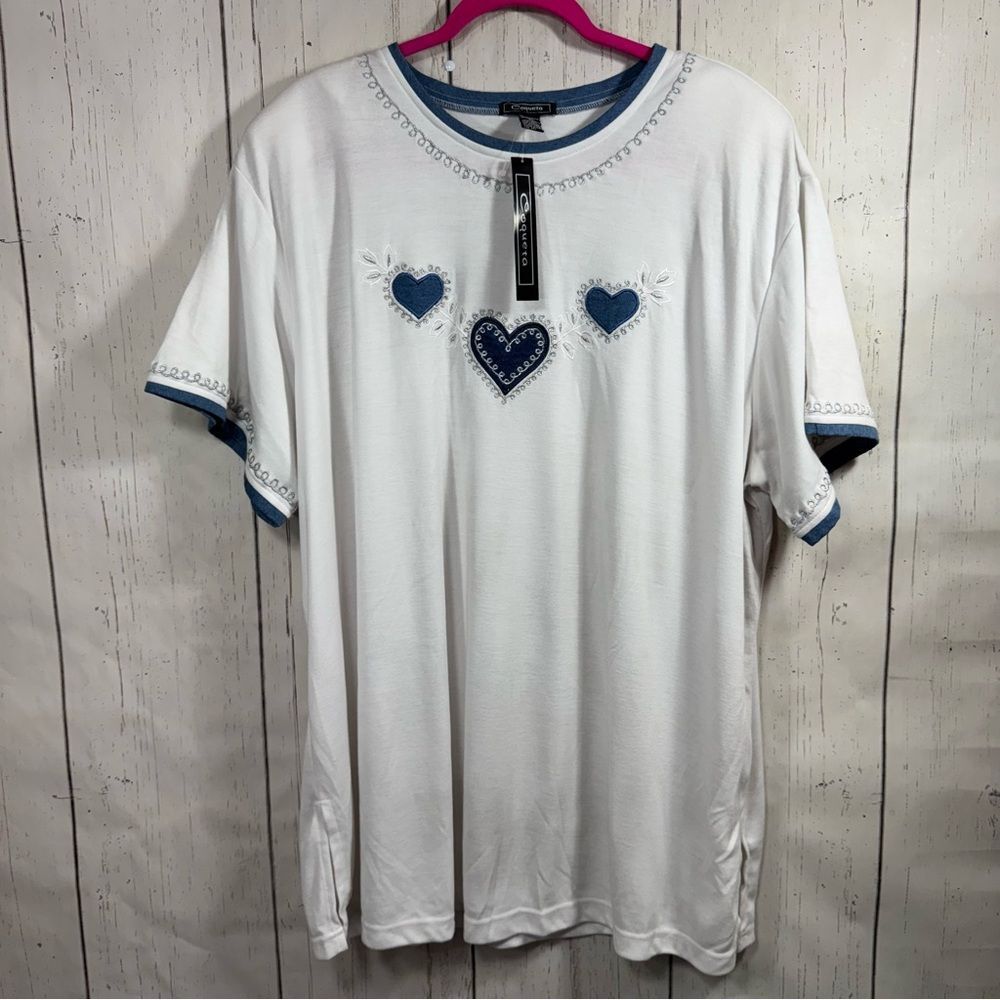 Coqueta White Blue Heart Embroidered T Shirt Top 3X Cottagecore Casual Feminine